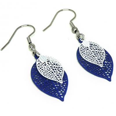 Boucle d oreilles feuille estampe bleu marine et blanc pendante crochet acier inoxydable 6 1 