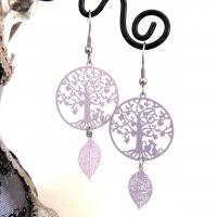 Boucles d oreilles arbre de vie chat parme feuille 2