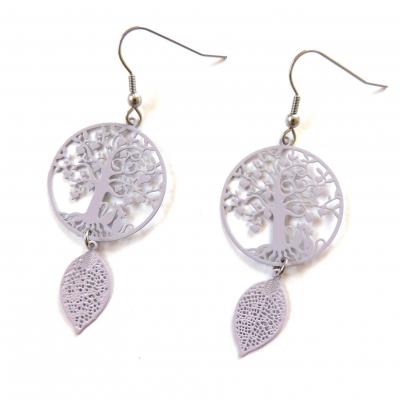 Boucles d oreilles arbre de vie chat parme feuille