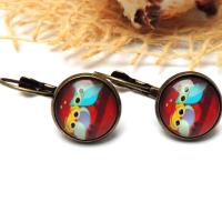 Boucles d oreilles cabochon 12 mm hibou chouette sur fond rouge bronze duo