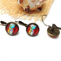 Boucles d oreilles cabochon 12 mm hibou chouette sur fond rouge bronze profil