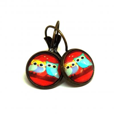 Boucles d oreilles cabochon 12 mm hibou chouette sur fond rouge bronze