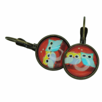 Boucles d oreilles cabochon en verre 12 mm hibou chouette sur fond rouge bronze duo 5 