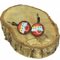 Boucles d oreilles cabochon en verre 12 mm hibou chouette sur fond rouge bronze duo 7 