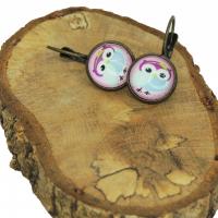 Boucles d oreilles cabochon en verre hibou chouette rose support en bronze 1 