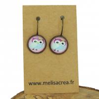 Boucles d oreilles cabochon en verre hibou chouette rose support en bronze 2 