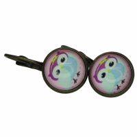 Boucles d oreilles cabochon en verre hibou chouette rose support en bronze 2 