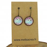 Boucles d oreilles cabochon en verre hibou chouette rose support en bronze 3 