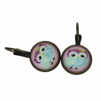 Boucles d oreilles cabochon en verre hibou chouette rose support en bronze 3 