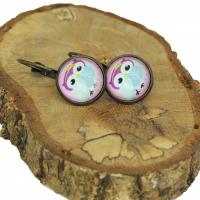 Boucles d oreilles cabochon en verre hibou chouette rose support en bronze 5 