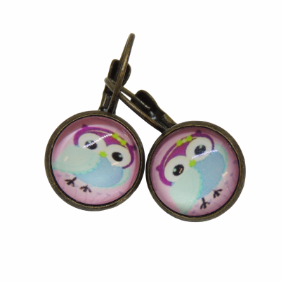 Boucles d oreilles cabochon en verre hibou chouette rose support en bronze 5 