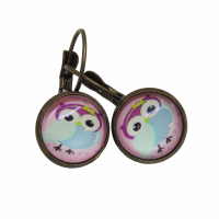 Boucles d oreilles cabochon en verre hibou chouette rose support en bronze 6 
