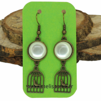 Boucles d oreilles cage a oiseau en bronze cabochon en resine vert couleur argente 10 
