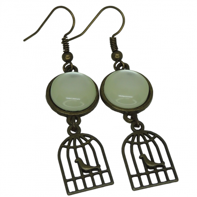 Boucles d oreilles cage a oiseau en bronze cabochon en resine vert couleur argente 3 