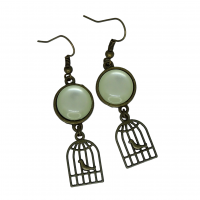 Boucles d oreilles cage a oiseau en bronze cabochon en resine vert couleur argente 4 