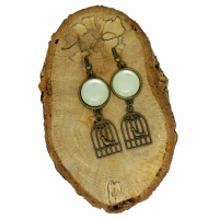 Boucles d oreilles cage a oiseau en bronze cabochon en resine vert couleur argente 6 