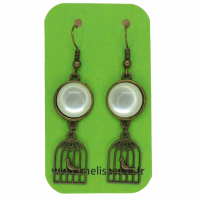 Boucles d oreilles cage a oiseau en bronze cabochon en resine vert couleur argente 9 