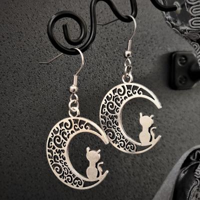 Boucles d oreilles chat sur la lune argente 3 