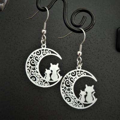 Boucles d'oreilles chats au clair de lune noir argenté blanc love my cat