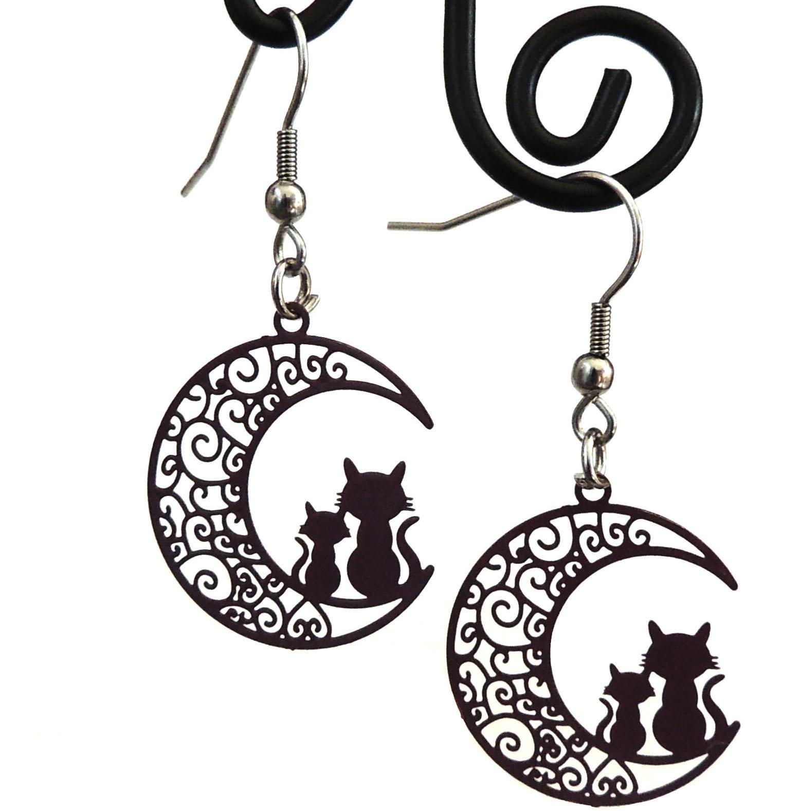 Boucles d'oreilles chats au clair de lune noir argenté blanc love my cat