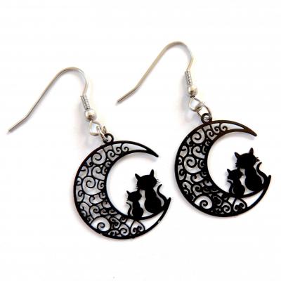 Boucles d oreilles chat sur la lune noir 4 