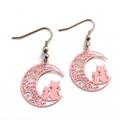 Boucles d oreilles chat sur la lune rose 4 