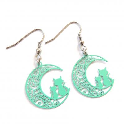 Boucles d oreilles chat sur la lune vert 3