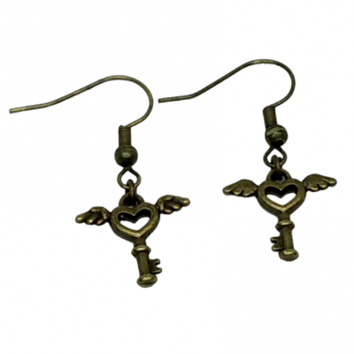 Boucles d oreilles cles coeur avec ailes couleur bronze 2 