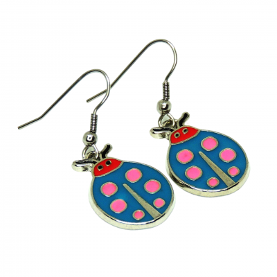 Boucles d oreilles coccinelle bleu et rose argentee 2 photoroom