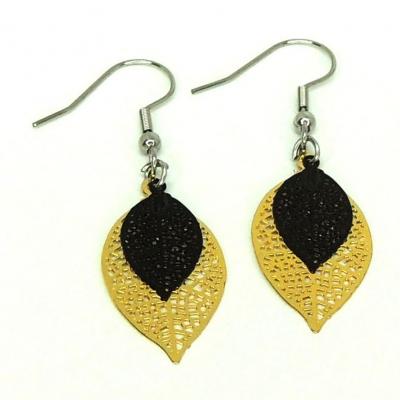 Boucles d oreilles dore et noir support crochet acier argente inoxydable 4 1 