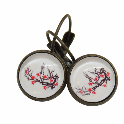 Boucles d oreilles dormeuse cabochon en verre fleurs rouge cerisier sur branche 1 