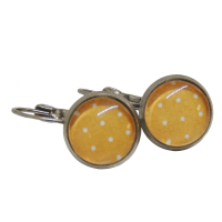 Boucles d oreilles dormeuse en laiton argente fond moutarde a points blancs 2 
