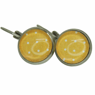 Boucles d oreilles dormeuse en laiton argente fond moutarde a points blancs 3 