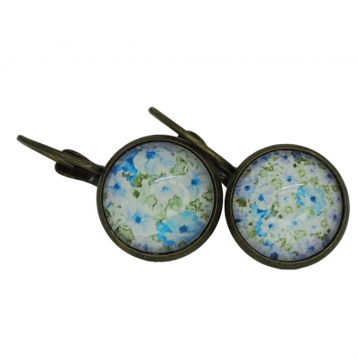 Boucles d oreilles dormeuse en laiton couleur bronze cabochon en verre fleur bleue et mauve 6 