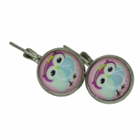 Boucles d oreilles dormeuse hiboux chouette sur fond rose support argente 1 