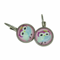 Boucles d oreilles dormeuse hiboux chouette sur fond rose support argente 2 