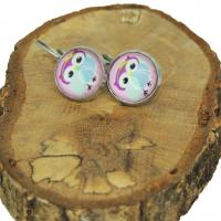 Boucles d oreilles dormeuse hiboux chouette sur fond rose support argente 3 