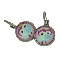 Boucles d oreilles dormeuse hiboux chouette sur fond rose support argente 3 