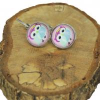 Boucles d oreilles dormeuse hiboux chouette sur fond rose support argente 4 