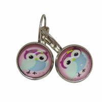Boucles d oreilles dormeuse hiboux chouette sur fond rose support argente 4 