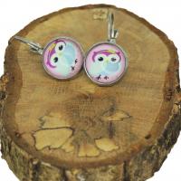 Boucles d oreilles dormeuse hiboux chouette sur fond rose support argente 5 