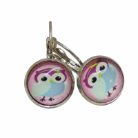 Boucles d oreilles dormeuse hiboux chouette sur fond rose support argente 5 