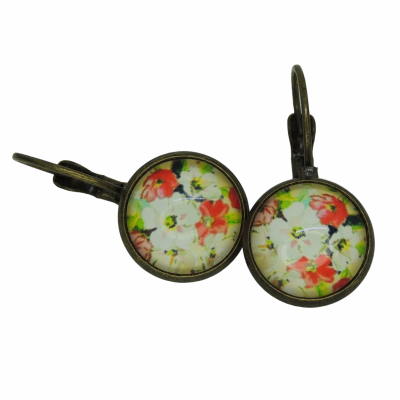 Boucles d oreilles dormeuse support en laiton couleur bronze cabochon en verre 12mm fleurs rouge et blanche 5 