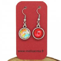 Boucles d oreilles double face cabochon en resine rouge cabochon en verre fleurs rouge jaune bleu vert 2 
