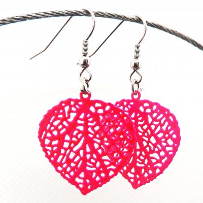 Boucles d oreilles feuille coeur fuschia 9