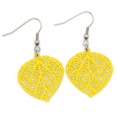 Boucles d oreilles feuille coeur jaune 4