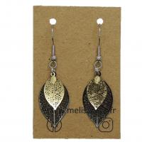 Boucles d oreilles feuille noire et dore support acier inoxydable 1 
