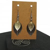 Boucles d oreilles feuille noire et dore support acier inoxydable 2 