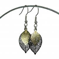 Boucles d oreilles feuille noire et dore support acier inoxydable 3 