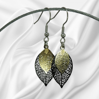 Boucles d oreilles feuille noire et dore support acier inoxydable 4 